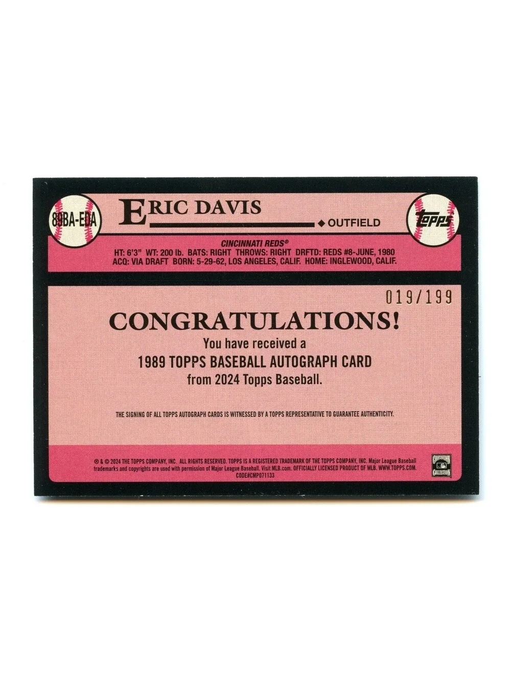 2024 Topps Series 2 1989 Topps Baseball Autographs Eric Davis Black 19 /199 Auto